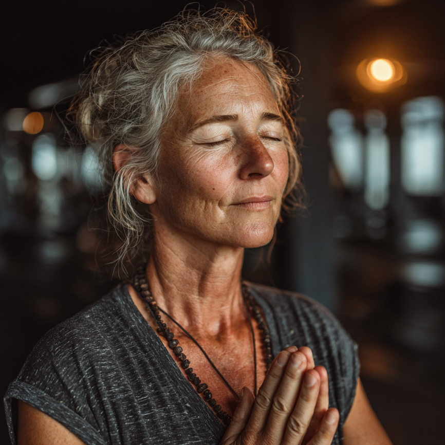 Група літніх людей займається йогою